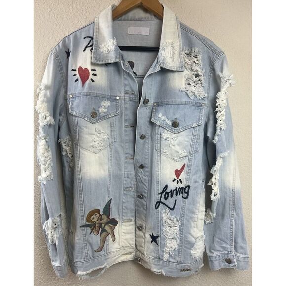 Its & Co Brazil Light Wash Distressed Embroidered Denim Jean Jacket Angel Hearts - Picture 1 of 16